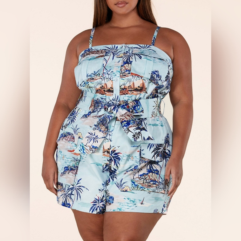 PLUS SIZE SLEEVELESS BUTTON UP FLORAL BELTED ROMPER VARIOUS SIZES!